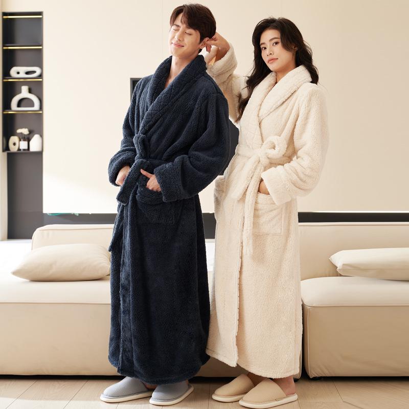Herren- und Damen-Winter-Flanell-Langmantel-Pyjama - Beidseitiger Korallenfleece, Knöchellang