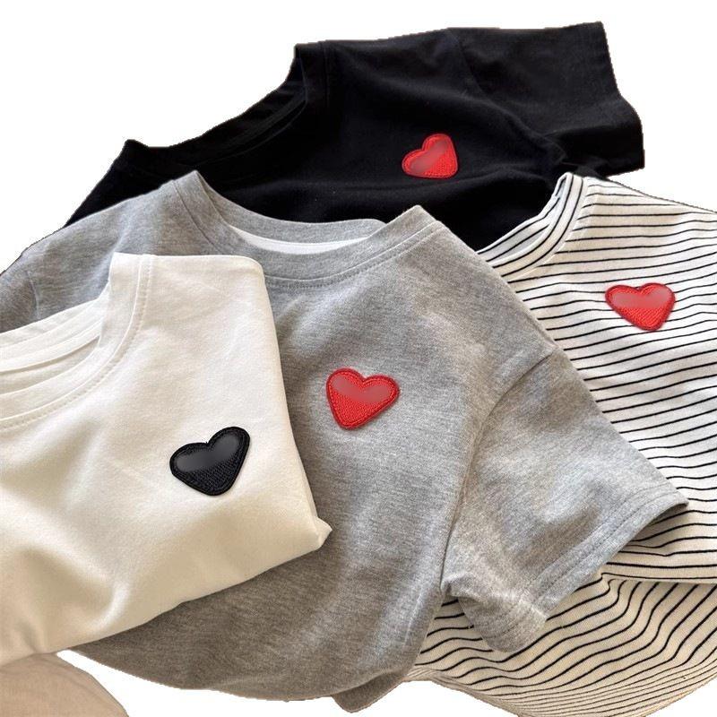 Ice Silk Cotton Striped Heart Short Sleeve Baby Top - Unisex Summer 2025