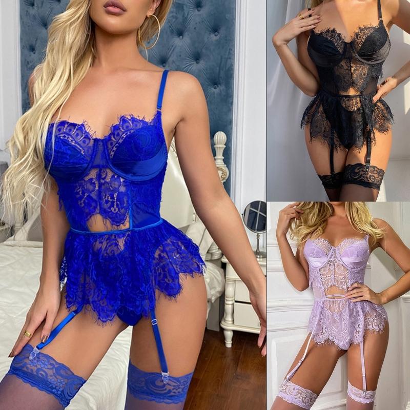 3Pcs Womens Lingerie Underwire Lace Lingerie Sets with Garter Belts One Pieced Bodysuit Teddys with Panty Stockings