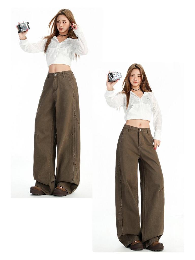 Women's Winter Brown Coffee Wide-Leg Jeans: Relaxed, Floor-Length, Slimming Fit