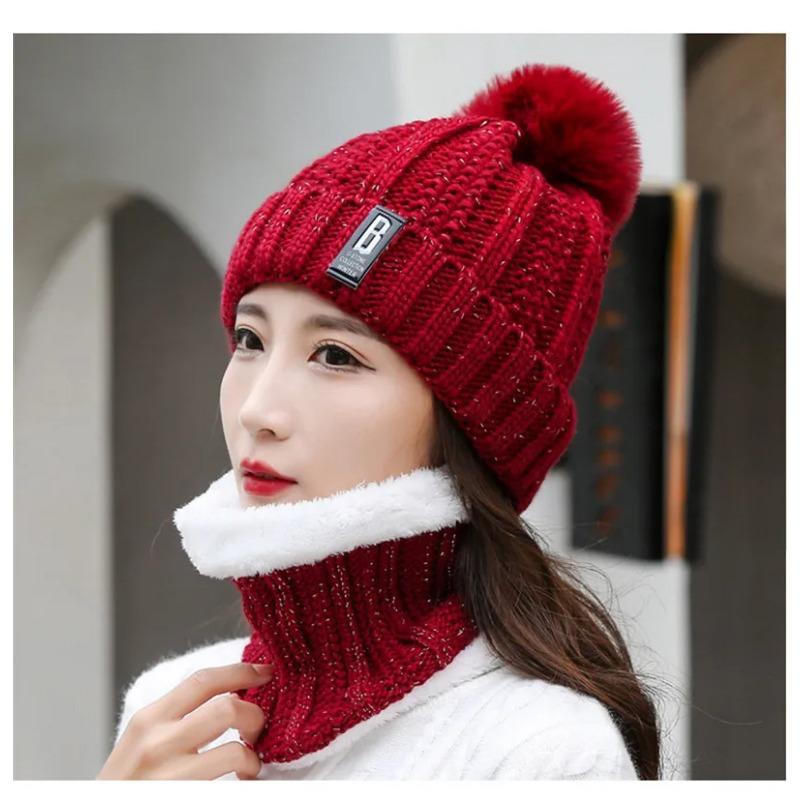 Winter Hat Womens Beanie Hats Thick Warm  Winter Women Knitted Hat B Letter Bonnet Beanie Cap Cycling Hat Scarf 2pc Sets