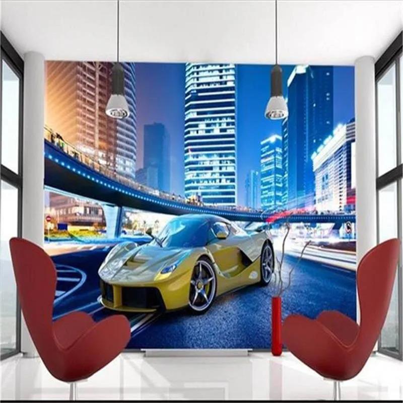 Gelbes Auto Tapete Stadt Nachtlandschaft 3d Wandbild Moderne Persönlichkeit Restaurant Clubs Tapete Dekor