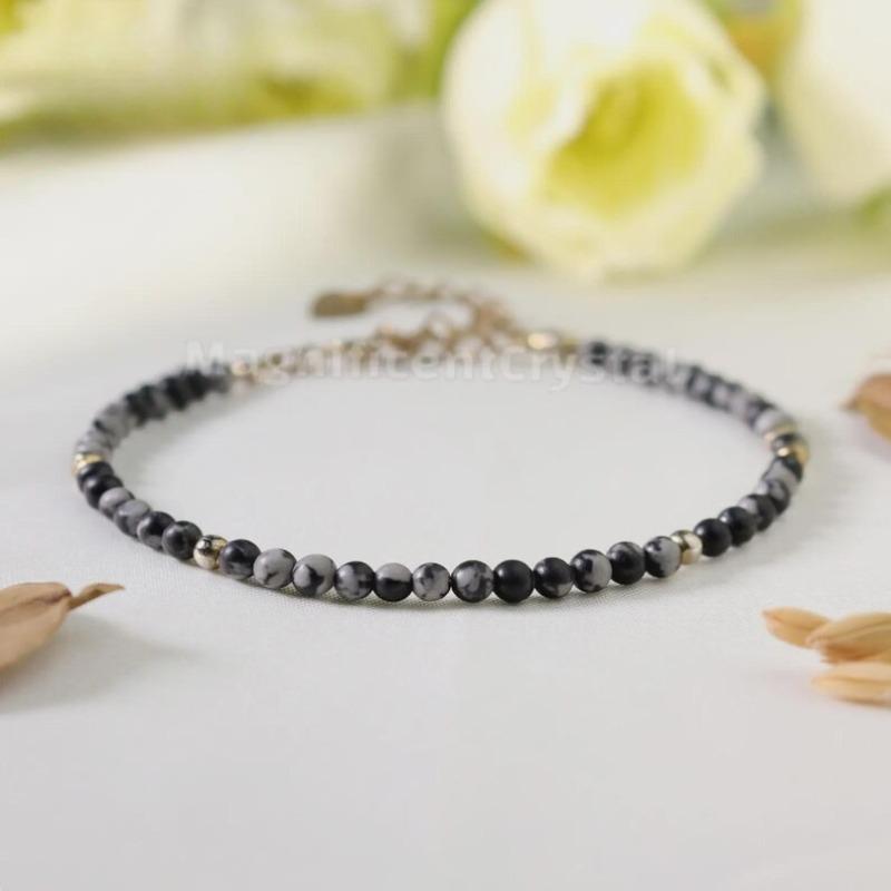 Snowflake Obsidian bracelet: Simple multi-faceted beaded Bohemian-style jewelry, black and white crystal anklets