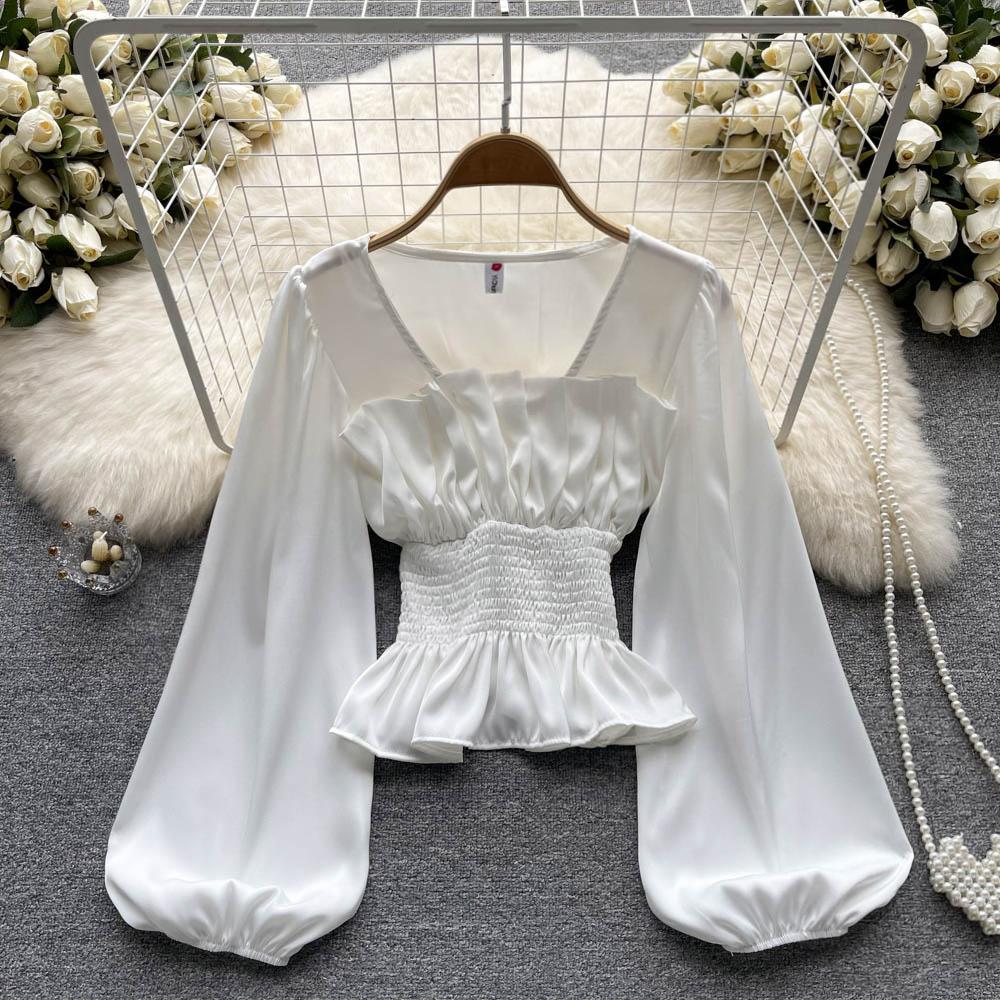 RUGOD Dámská podzimní košile s úzkým pasem a čtvercovým límcem, krásná košile s dlouhým rukávem