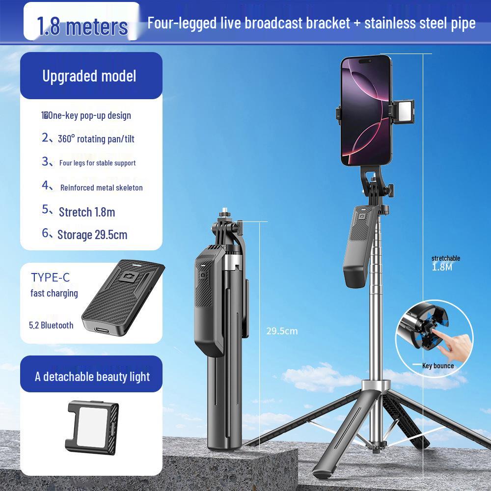 1.8m Aluminum Alloy Selfie Stick with Bluetooth Remote and Phone Holder for Live Streaming