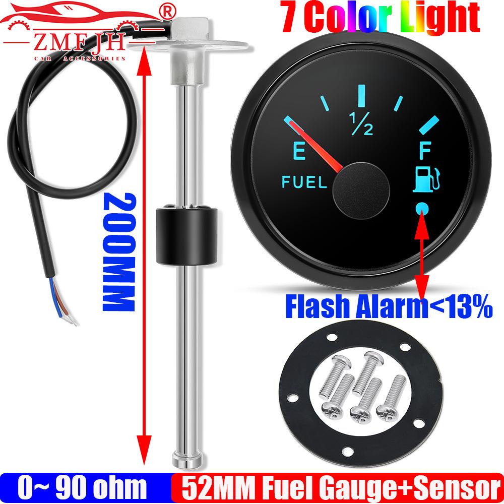 ZMFJH 0-90ohm 52MM Fuel Level Gauge with Warning 7 Color LED Fuel Level Sensor 100-550mm for Universal Auto Car Boat Yacht 12V24