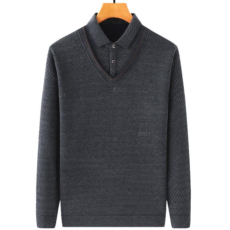 Middle-aged & Elderly Men's Thickened Velvet Knit Sweater Faux Two-Piece
