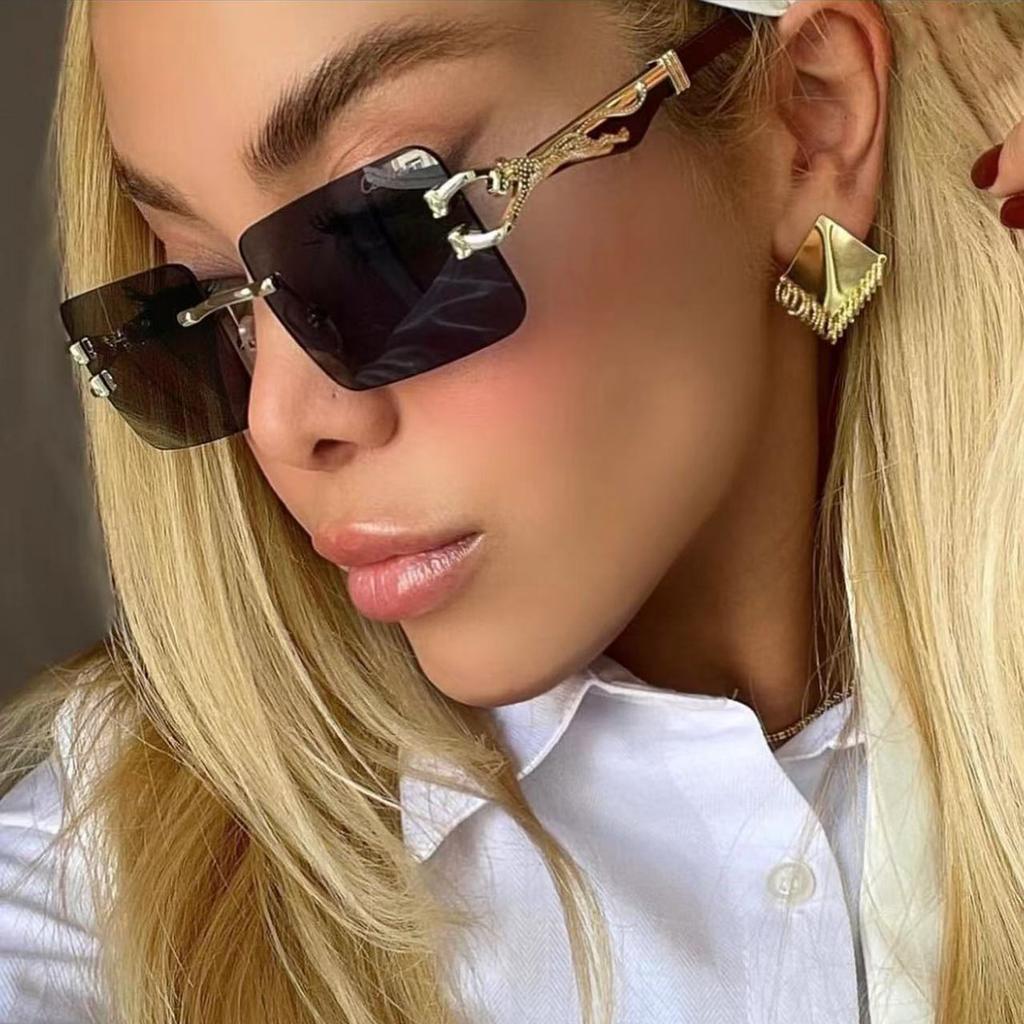 Vintage frameless sunglasses female personality leopard wood grain glasses legs square sunglasses men's glasses trendy shades