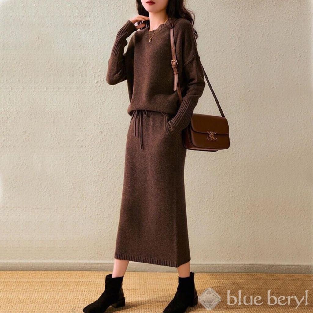 Blue Beryl Knit Pullover Long Round Women's Set, Midi-Length, I-Line, Sleeves, Neck, Brown, BB026-BR-M