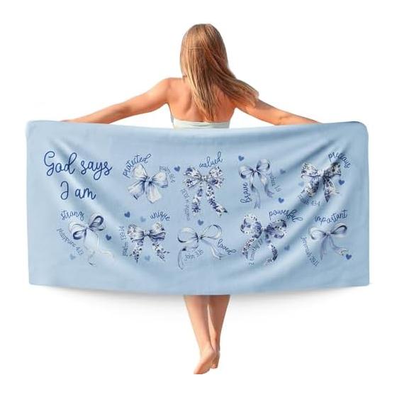 Coquette Bow Christian Beach Towel, God Says I Am Bible Verse Beach Towel Oversized Women s Gift Chinoiserie Preppy Bow Dry Travel Sandless Towel