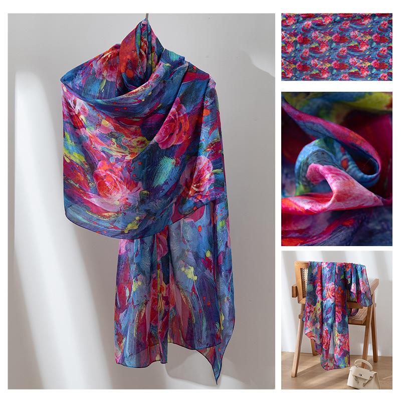 Long Strips of Silk Scarf  High-end Sense Mulberry Silk Scarf  Women's Fresh Small Floral Thin Style  Atmosphere  Big Shawl