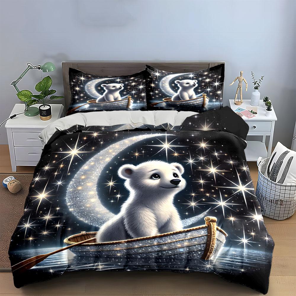 Polar Bear In Sparkling Boat Bedding Duvet Cover Set (1*Duvet Cover 2*Pillowcases, Without Duvet Insert)