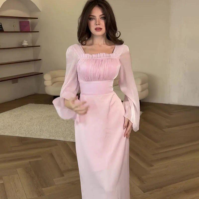 European and American Square Collar Patchwork Pleat Sweet Solid Bell Sleeve Sheath Dress Women Dress