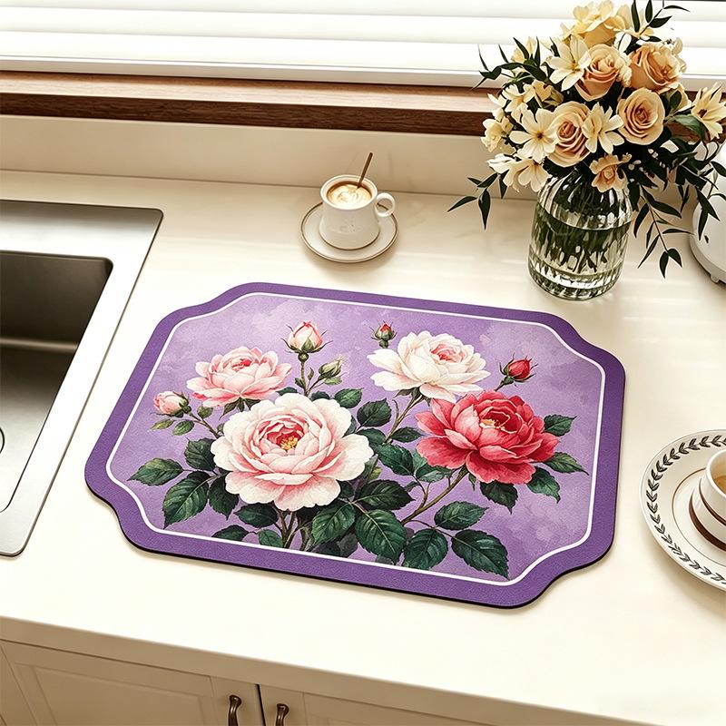 Chinese-Style Irregular Flower & Bird Diatom Mud Coffee Mat: Stain-Resistant, Easy-Clean, Non-Slip Kitchen Draining Mat
