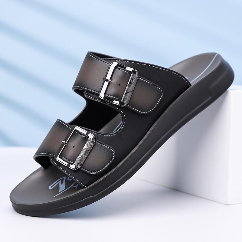 Fashion Double Buckle Designer Leather Slippers for Men Summer New Fashion Casual Dress Slipper Man Soft-soled Breathable Beach Shoes