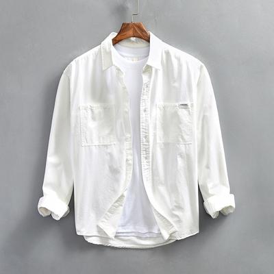 Japanese Style Workwear Man Shirts Spring and Summer Long Sleeve White Shirt Pure Cotton Men's Casual Shirt Double Pockets Loose Top