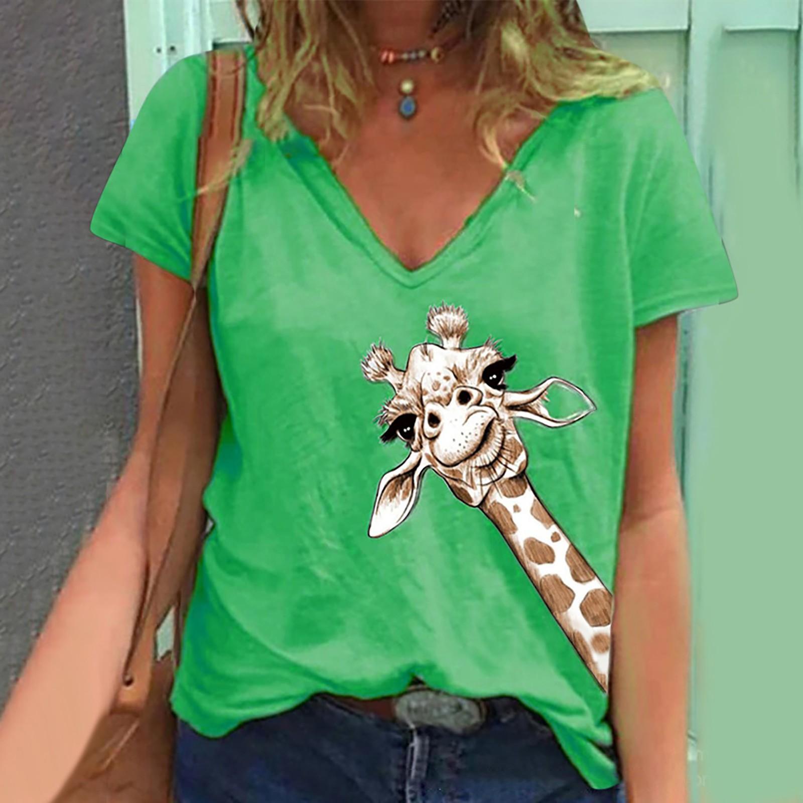 

Женские летние топы, свободная мягкая повседневная футболка с короткими рукавами и жирафом, блузка M зелёный