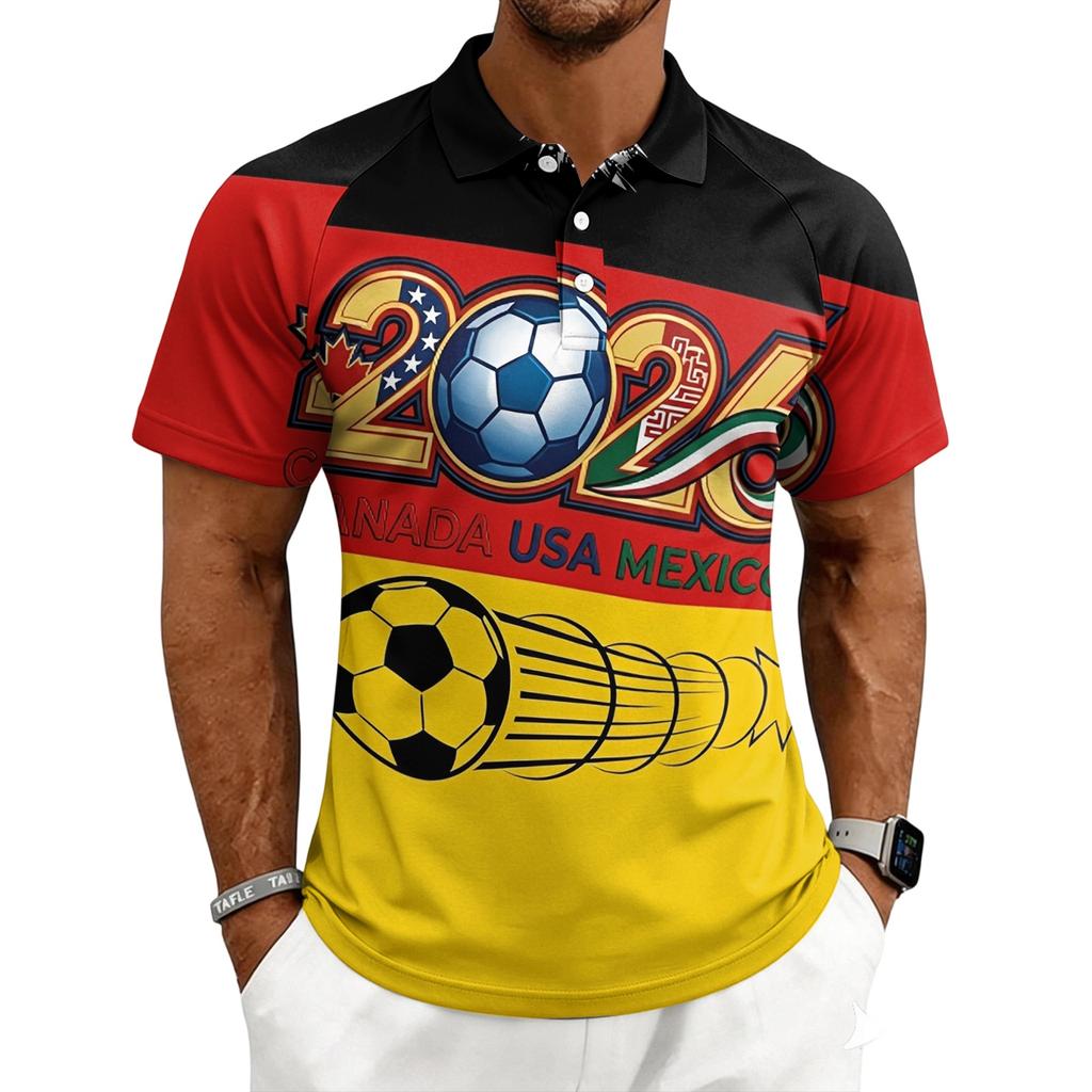 Men’s World Football Series Casual Printed Polo Shirt Button Down Short Sleeve Top with Graphic Lettering Design 2026