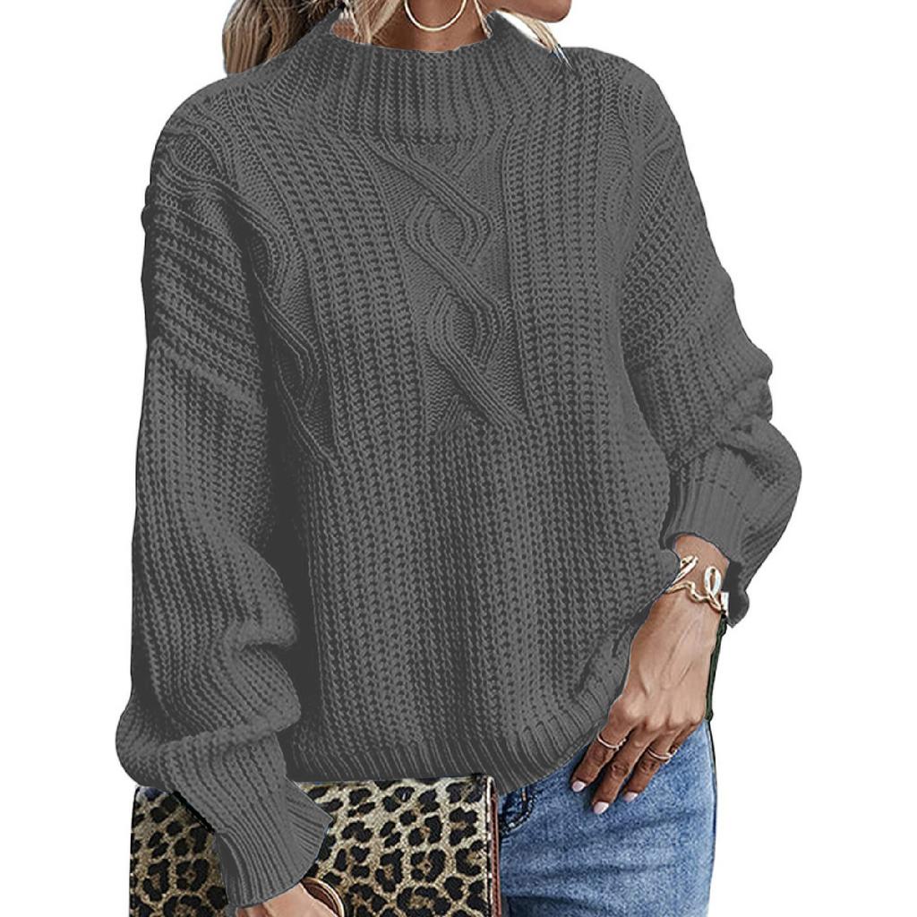 Damen Schwarzer Lockerer Pullover Hoher Kragen Bequemer Kragen Pullover Einfarbig Gestrickt Langarmpullover