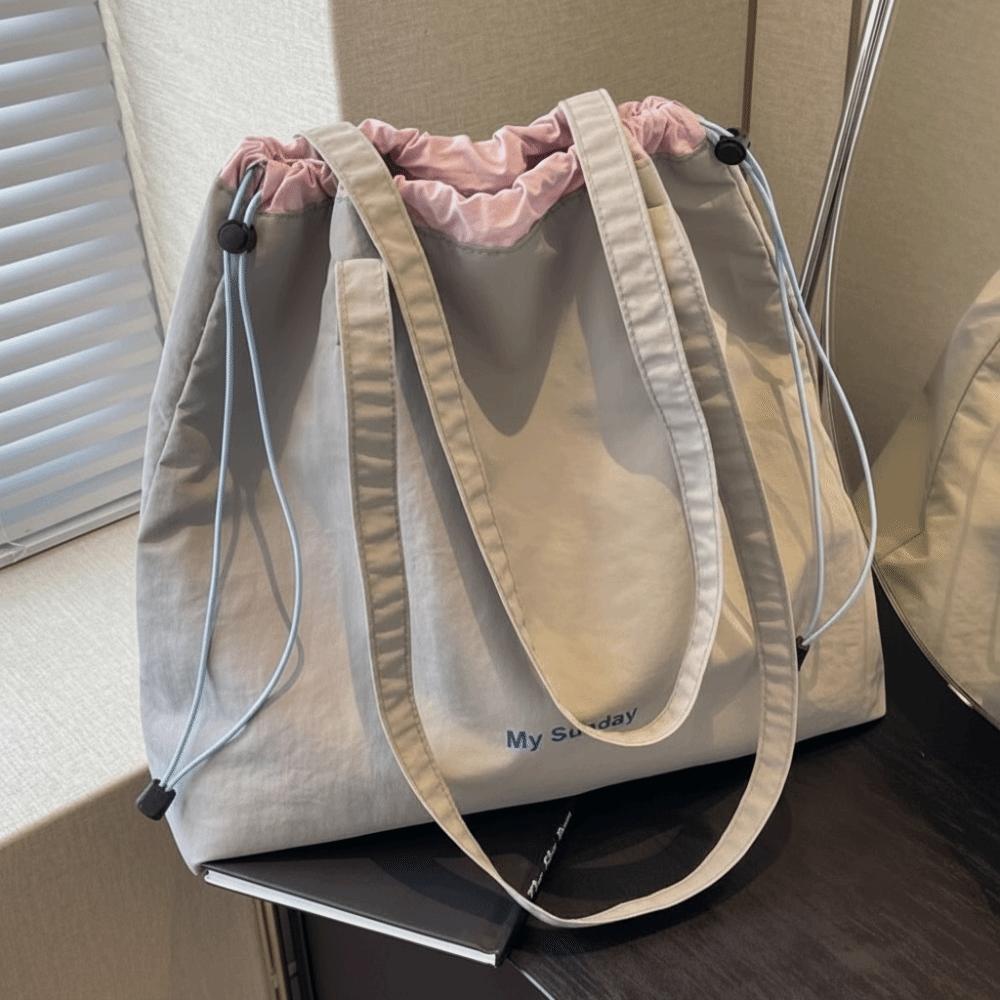 Fashion Nylon Drawstring Handbag Square Lightweight Canvas Shoulder Bag Solid Color Large Capacity Crossbody Bag Class