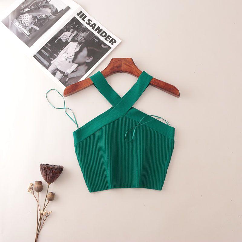 American Fashion Brand Cross Hanging Neck Cami Summer Rib Solid Sexy Short Knitted Top Women
