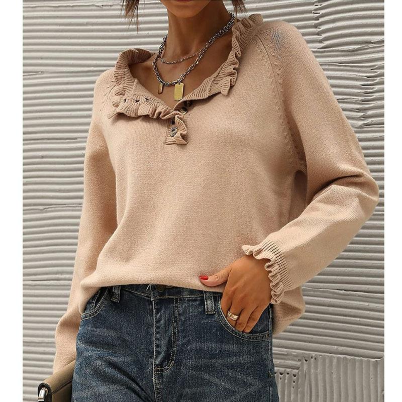 Women S Casual Long Sleeve Pullover Knit Sweater Button Edge Basic Top