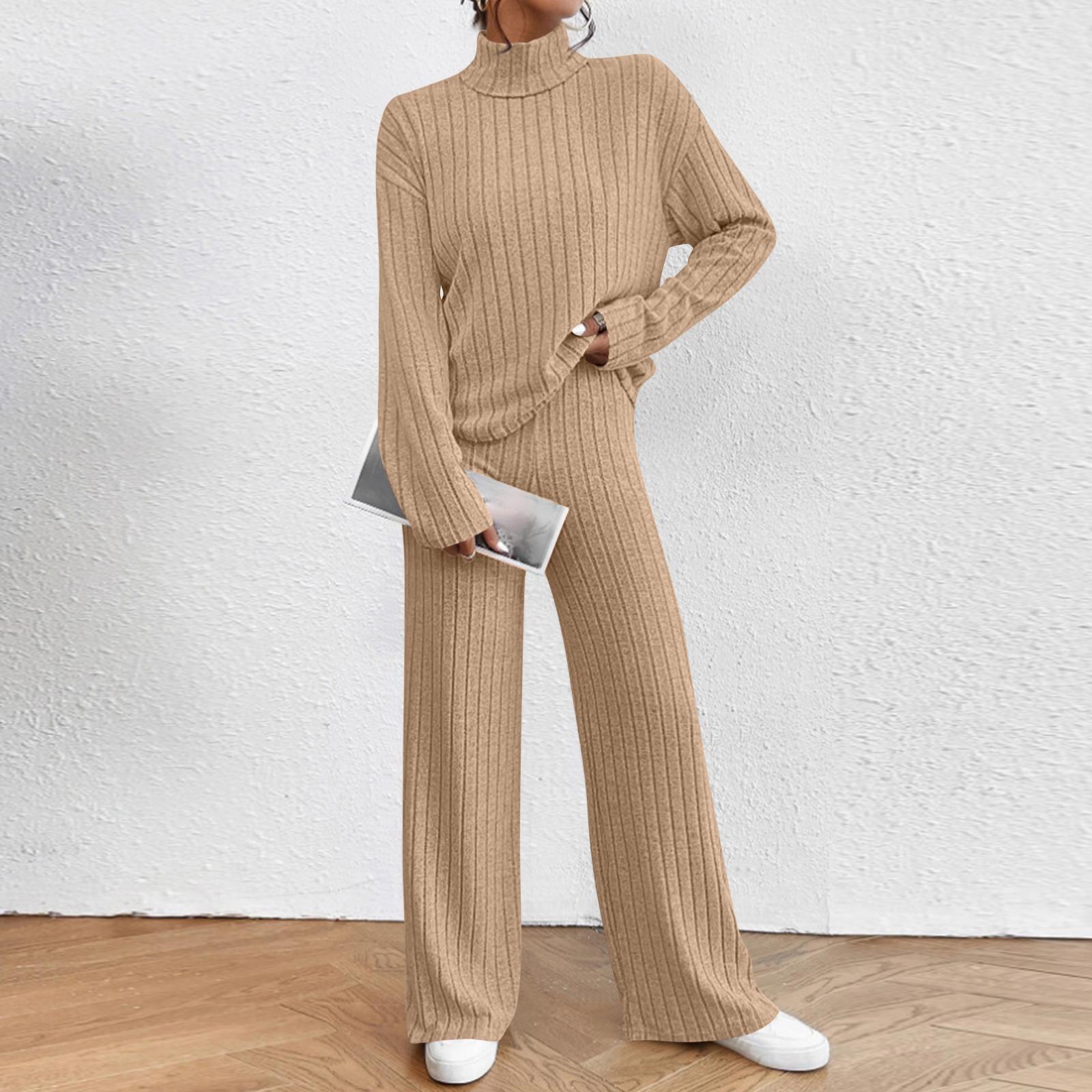 

Women s Fashion Solid Color High Collar Long Sleeve Top Elastic Waist Casual Pants Two Piece Set S