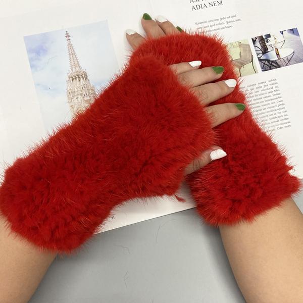 Winter Gloves for Women Natural Mink Fur Knitted Fingerless Solid Warm Elastic Gloves