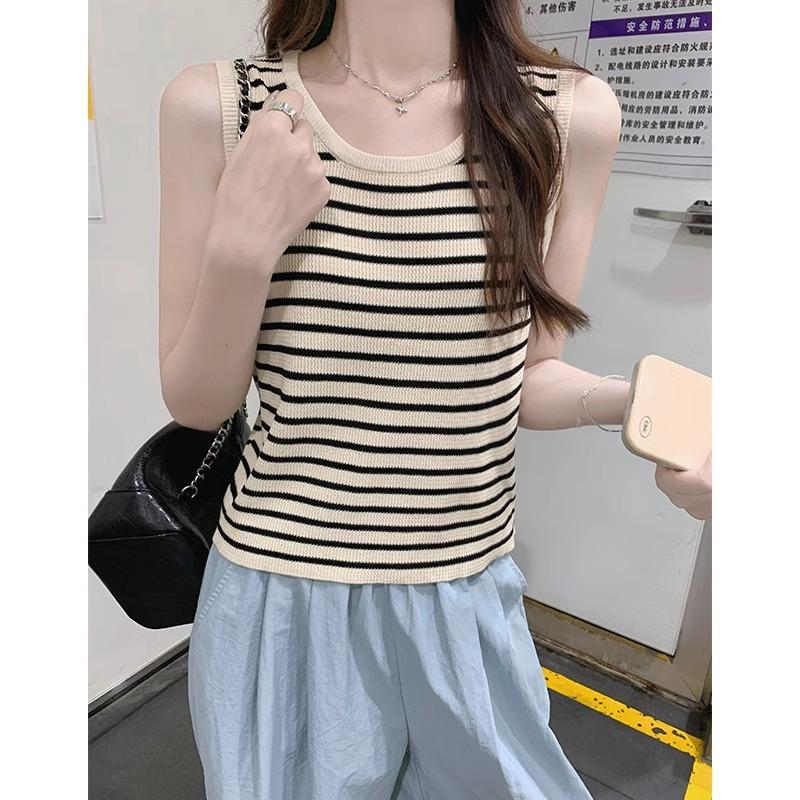 Summer New Style French Striped U-neck Ice Silk Thin Vest Suspender Women's Slimming Knitted Sleeveless Top