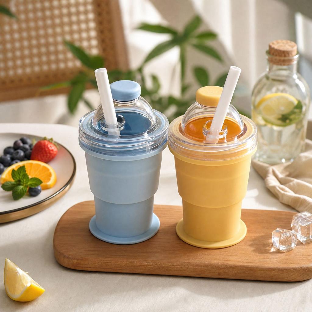 Tasse Pliante pour Glaçons avec Paille, Silicone de Qualité Alimentaire Réutilisable pour l'Été en Plein Air
