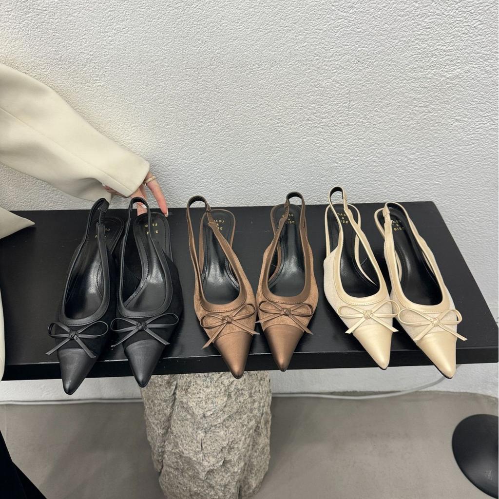 2025 Spring and Autumn New Light Mouth Pointed Head Thin Heel Medieval Shoes Bow Single Shoes with Color Matching Thin Heel