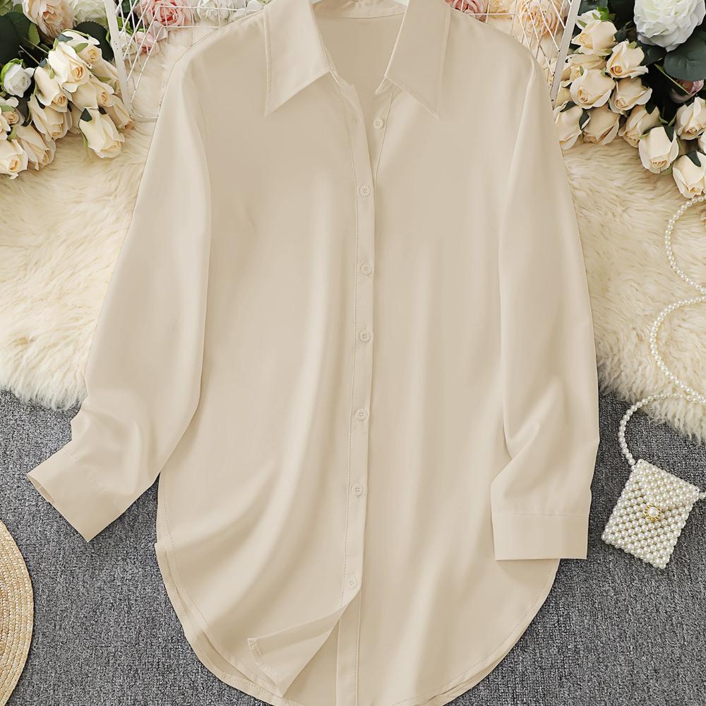 

women s Irregular Hem Loose Fit Long Sleeve Blouse Solid Color Minimalist Commuter Shirt Tunic Top 2XL абрикосовий