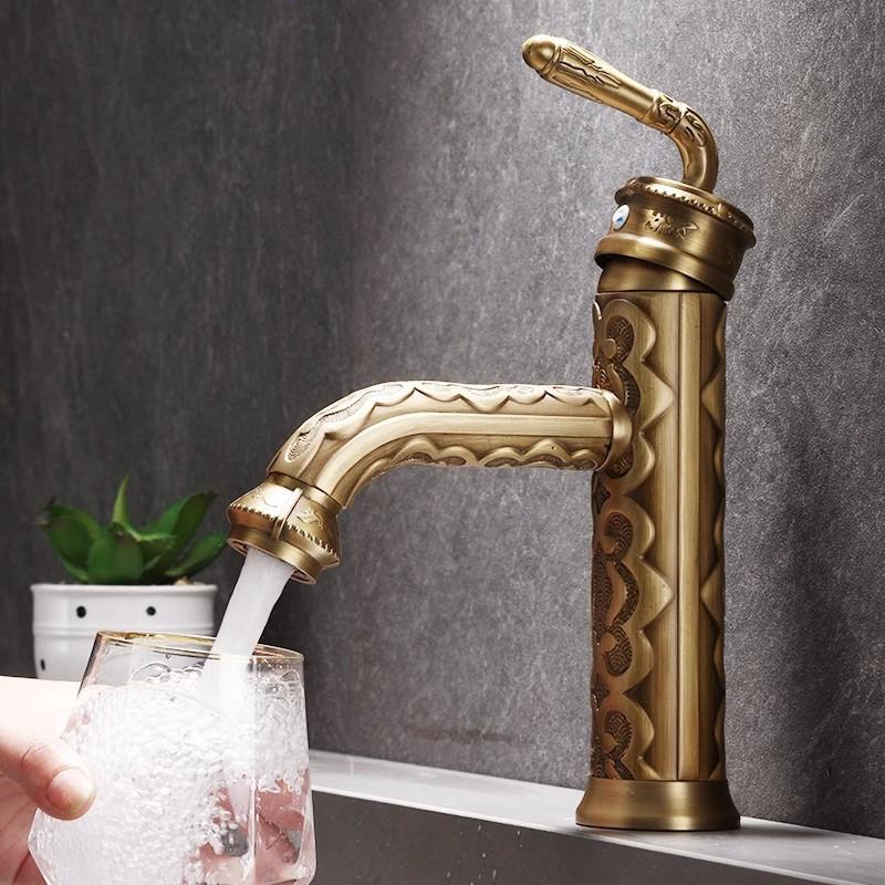 Antique Carved Bathroom Faucet Brass Basin Faucet Bathroom Basin Faucet Copper Tap Rotate Hot & Cold Water Mixer Tap Crane