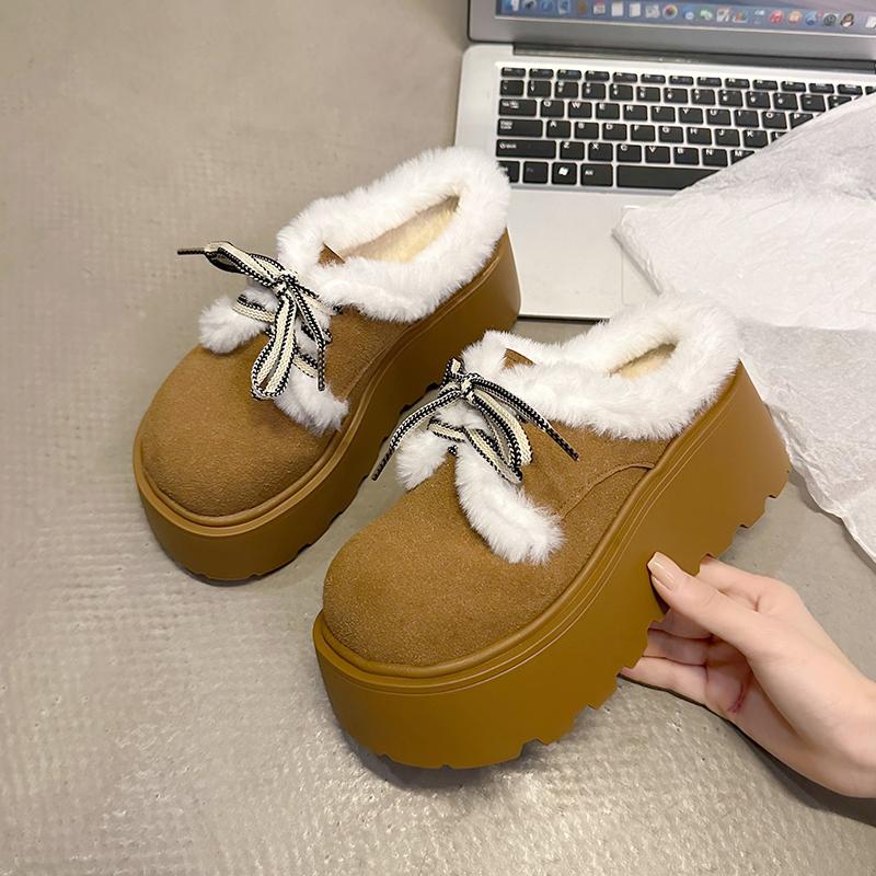 Fashion Platform Wrapped Hairy Slippers for Women 2025 Autumn and Winter New Small Heightened Lace-up Lazy Cotton Shoes