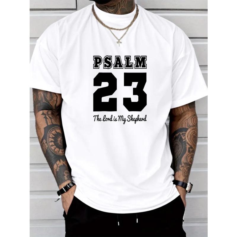 European Size Christmas Men's Casual Fashion "The Lord Is My Shepherd" Psalm Letter Print Short-Sleeve T-Shirt, Regular Fit Crew Neck