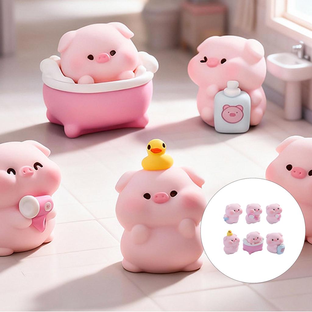 6Pcs Cartoon Bathing Pig Resin Miniature Figurines For DIY Enthusiasts Desktop Display Car Dashboard Decorative Ornaments