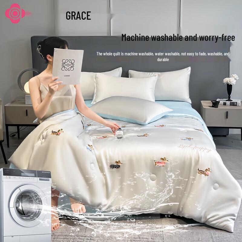 Grace Dachshund Washed Cotton Summer Quilt Set - Milky White Blue