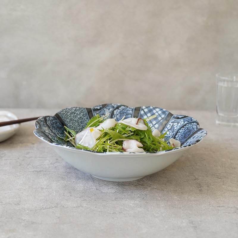 EAST Table Large Konseihana Blue Japanese Made In Microwave and Dishwasher Bowl, 23.5cm, (Dark Flower), Tableware, Japan, Safe, 23-051