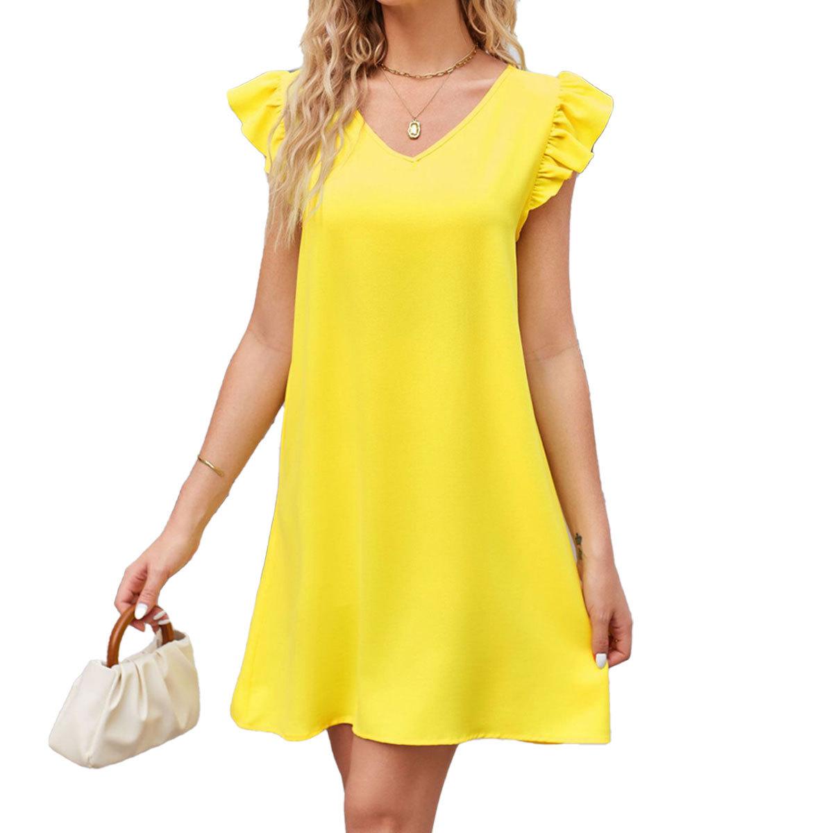 

Женская мода лето весна сплошной цвет печати с коротким рукавом V-образным вырезом свободные повседневные платья XL