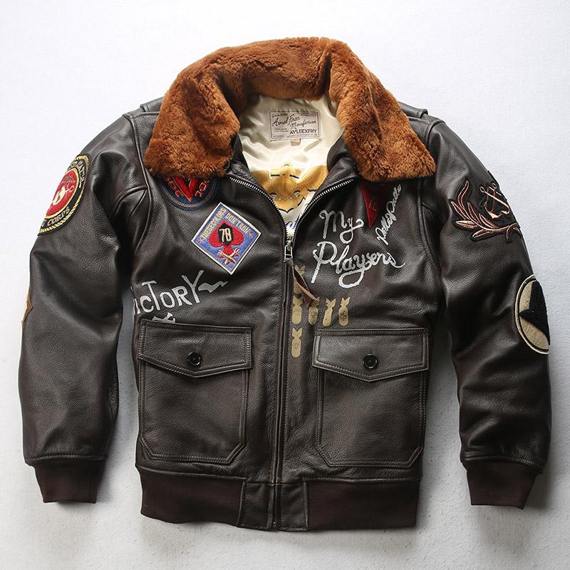 Pilot Jacket Men Warm Real Removable Fur Collar Genuine Cow Leather Coat Vintage Bomber Jacket