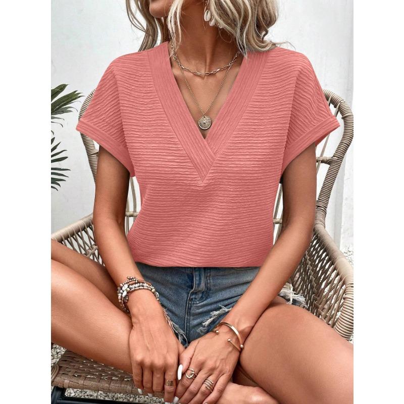 Spring and Summer Fashion Loose V-neck Short Sleeved T-shirt Top