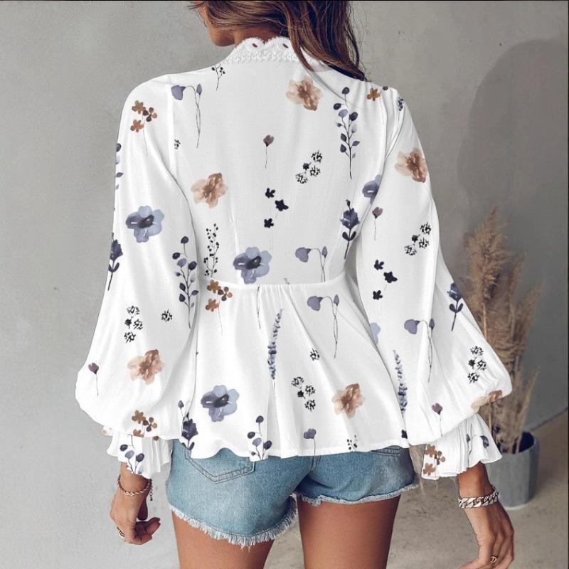 DAFIFY Women's Fashion Casual Spring Autumn Flower Pattern Print Long Sleeve V-Neck Blouses & Shirts