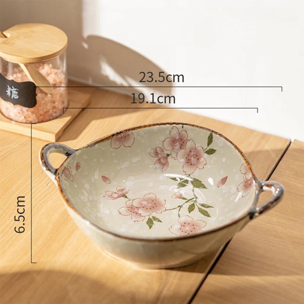 Flowers Plants Japanese Household Noodle Bowl Ceramic Soup Bowl with Handle Salad Bowl Kitchen Tableware Microwave Oven Secure