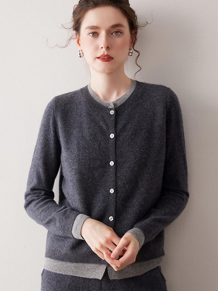 2025 Autumn/Winter Cashmere Color Block Two-Piece Knit Cardigan – Elegant Campus Style Sweater Top