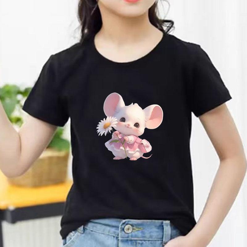 Kids Cotton T Shirt Cute Mouse Holding Daisy Print Crew Neck Short Sleeve Tee Casual Boys Girls Summer Tops