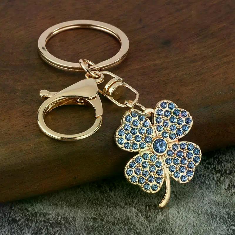 Trendy Exquisite Rhinestone Four-leaf Clover Keychain Lucky Luxury Metal Keyring For Women Bag Charms Key Holder Pendant
