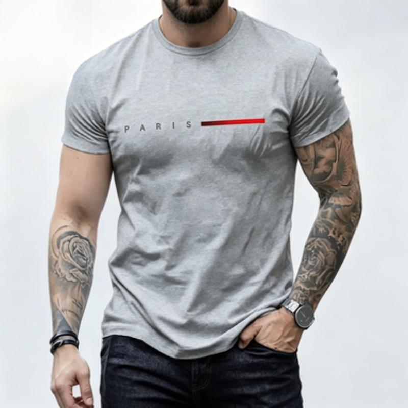 Unisexs Soft Cotton Tshirt Paris Split Letter Simple Red Stripe Print Short Sleeve Urban Streetwear Plain Tee Tops