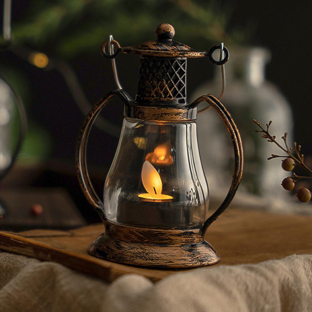 Retro LED Candle Lantern Light Portable Electronic Desktop Hanging Night Lamp Ornaments Garden Hanging Decoration Lantern