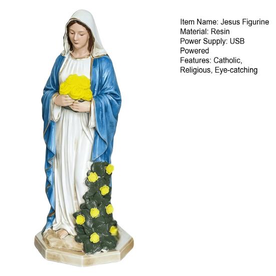 Jesus Statue with LED Lighted Flowers USB Powered Jesus Figurine Blessed Religious Sculpture