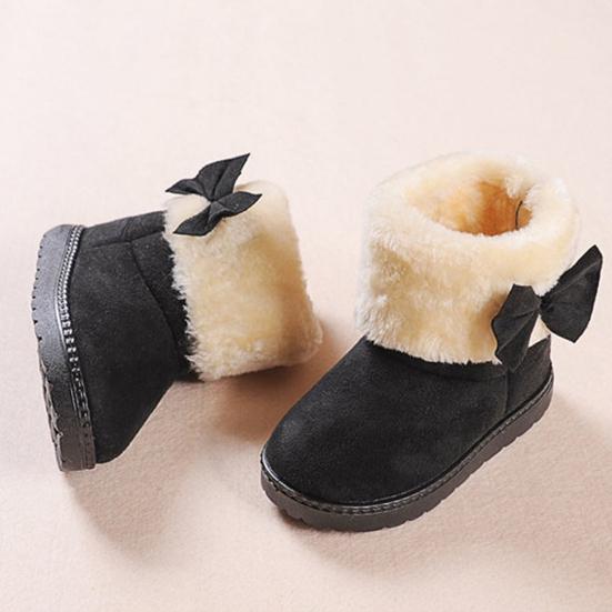 Girls Cute Bowknot Solid Color Winter Warm Snow Ankle Boots Slip On Flat Shoes